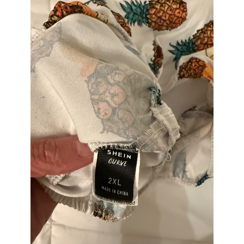 SHEIN Curve Pineapple Print Off the Shoulder Crop Top White 2XL PlusSize Smocked - Picture 2 of 5